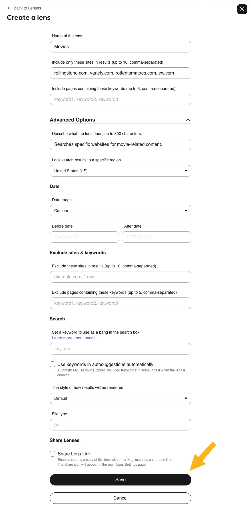 Kagi's official custom lens form with site, keyword, region, and sharing fields