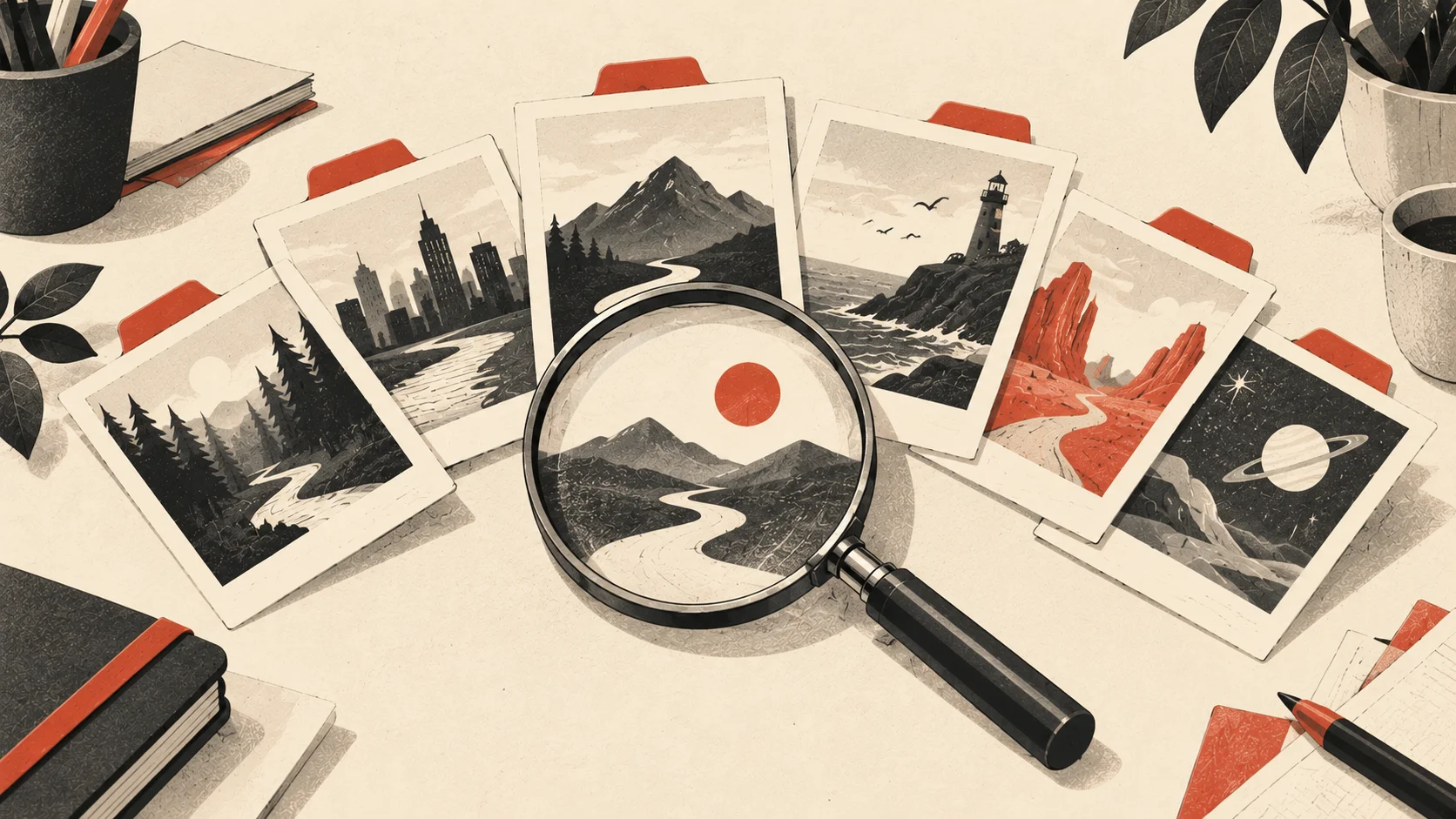 Editorial illustration of a magnifying glass over a spread of paper cards, representing different ways to search the web.