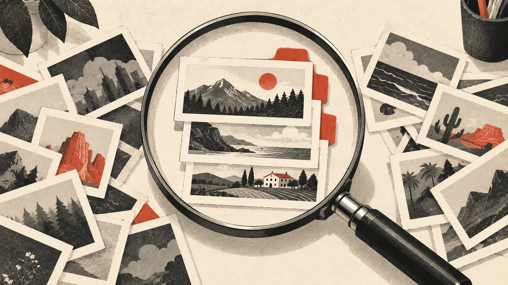 Editorial illustration of a magnifying glass highlighting selected cards among a wider spread, representing a Kagi search lens.