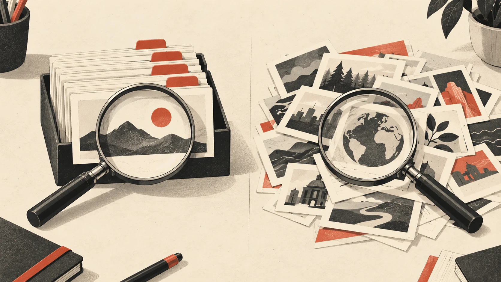 Editorial illustration of two magnifying glasses comparing organized cards with a wider mix of web pages.