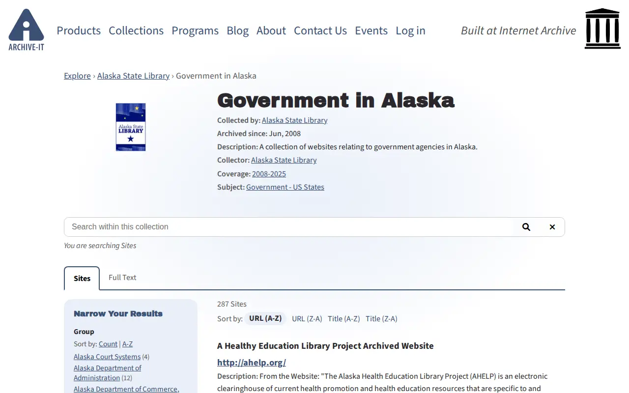 Government in Alaska Web Archives website preview