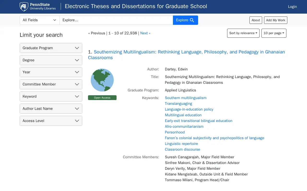 Graduate School Section of the eTD database website preview