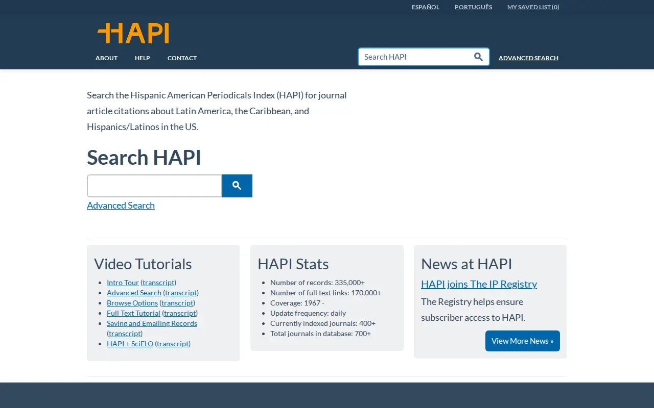 HAPI. Hispanic American Periodicals Index website preview