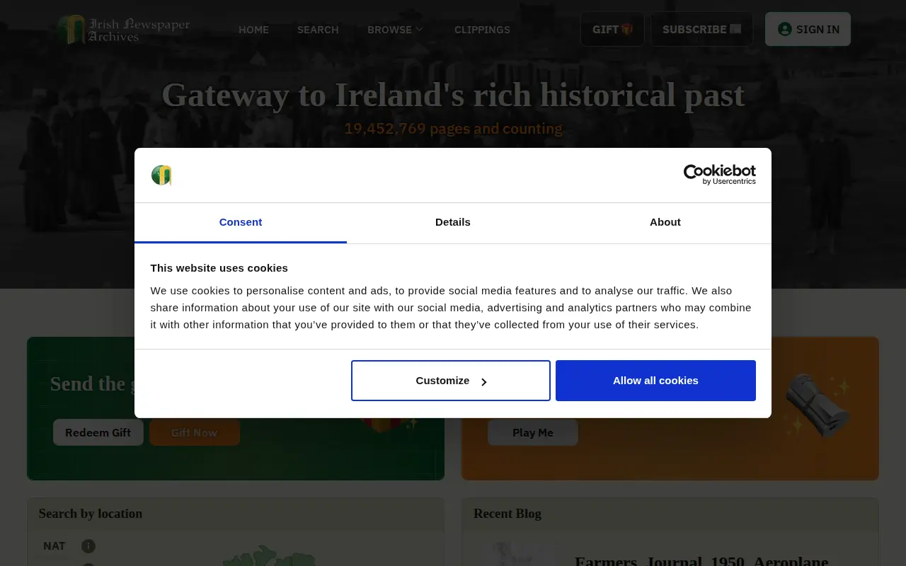Irish Newspaper Archives website preview