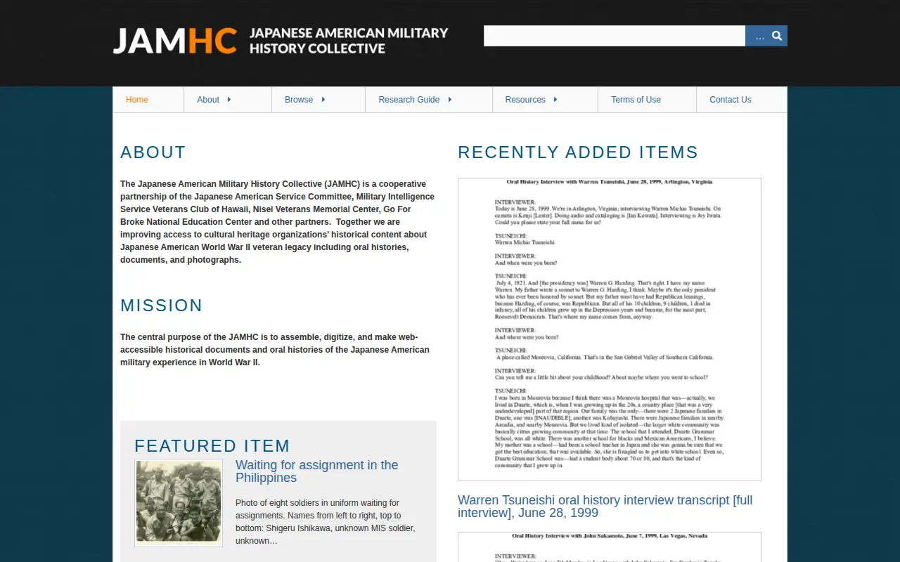 Japanese American Military History Collective website preview