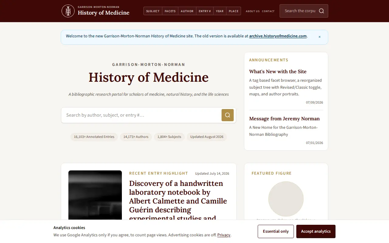 Jeremy Norman's HistoryofMedicineandBiology.com: an interactive annotated world bibliography of the history of medicine, website preview