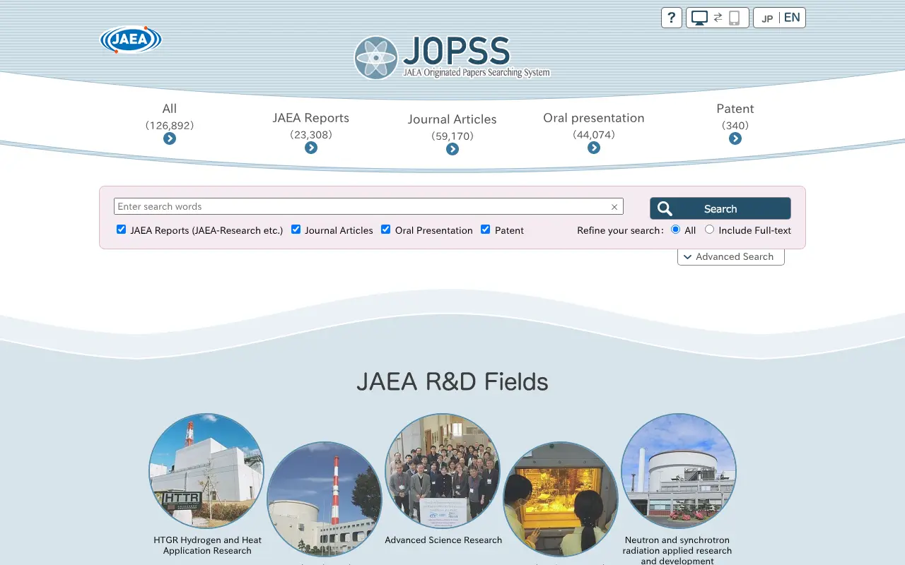 JOPSS:JAEA Originated Papers Searching System website preview
