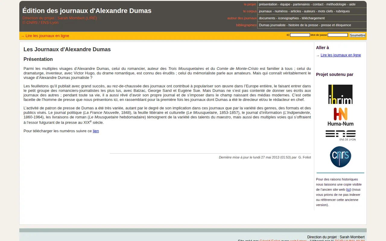 Journaux d'Alexandre Dumas website preview
