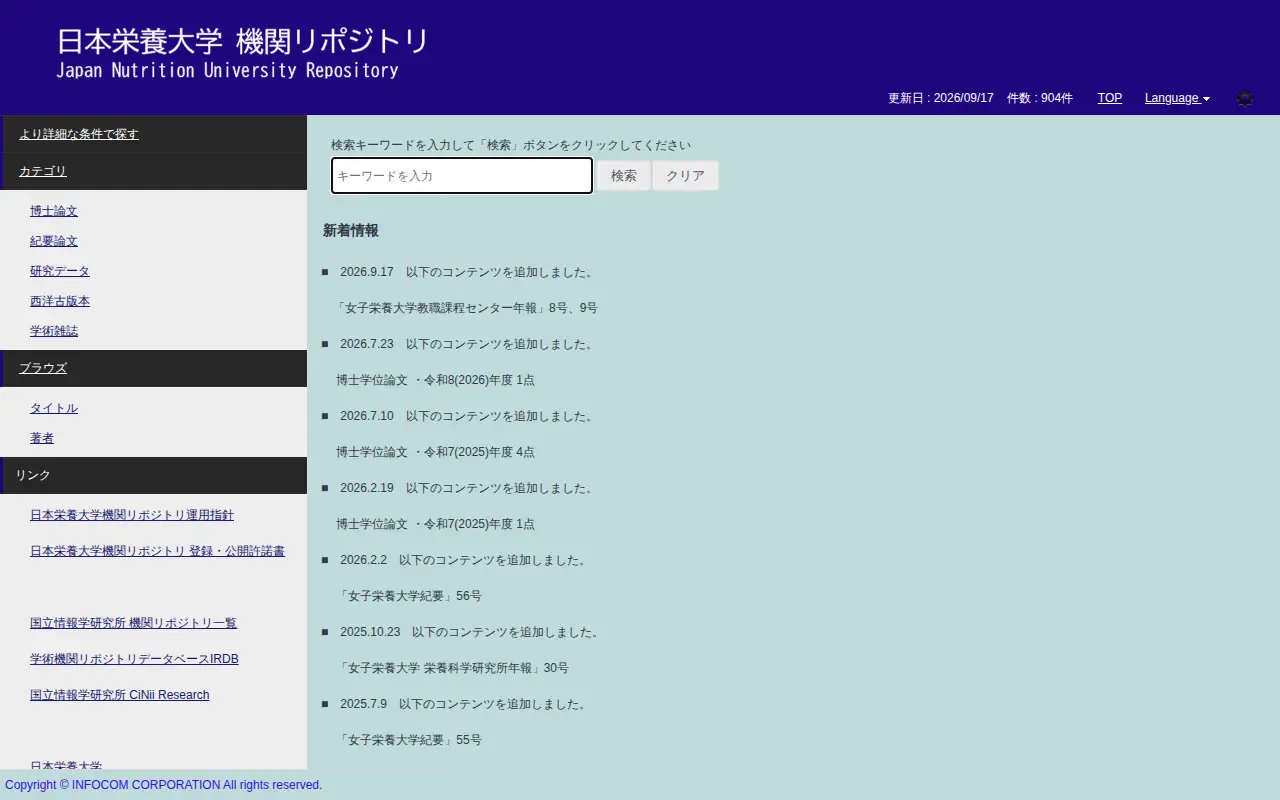Kagawa Nutrition University Institutional Repository website preview