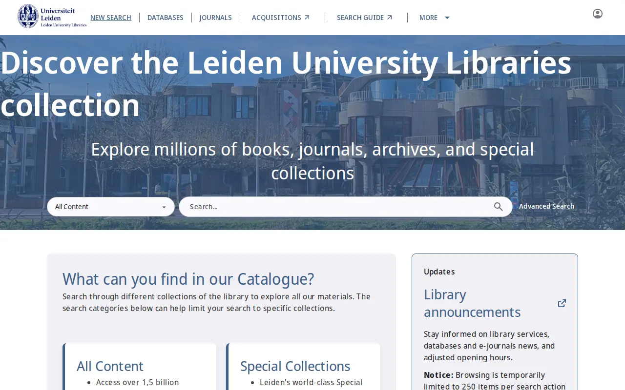 Leiden University library catalogue website preview