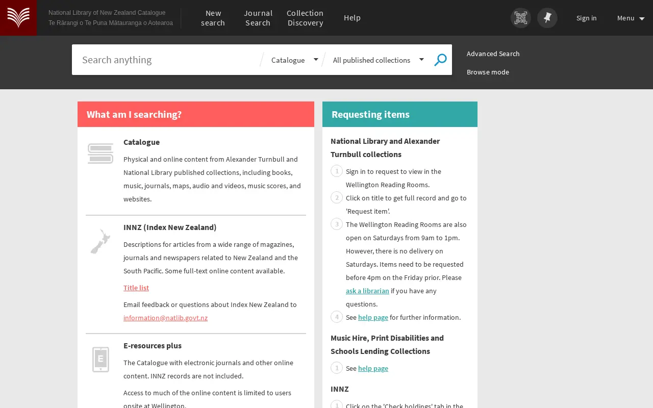 National Library of New Zealand Catalogue website preview
