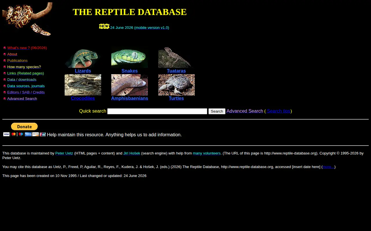 Reptile Database website preview