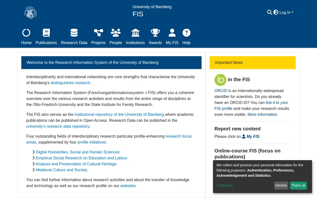 Research Information System (University of Bamberg) website preview