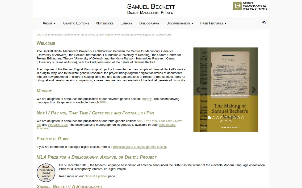 Samuel Beckett Digital Manuscript Project website preview