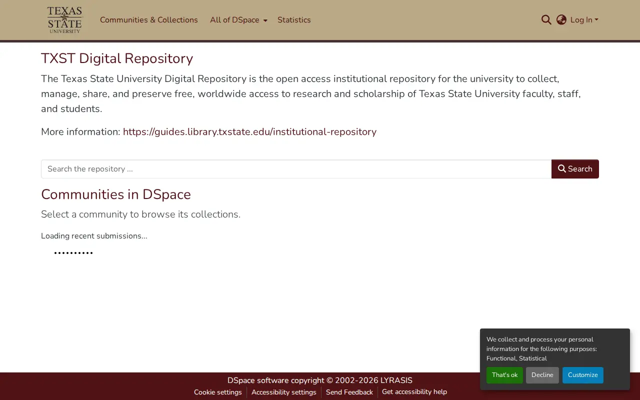 Texas State University Digital Collections Repository website preview