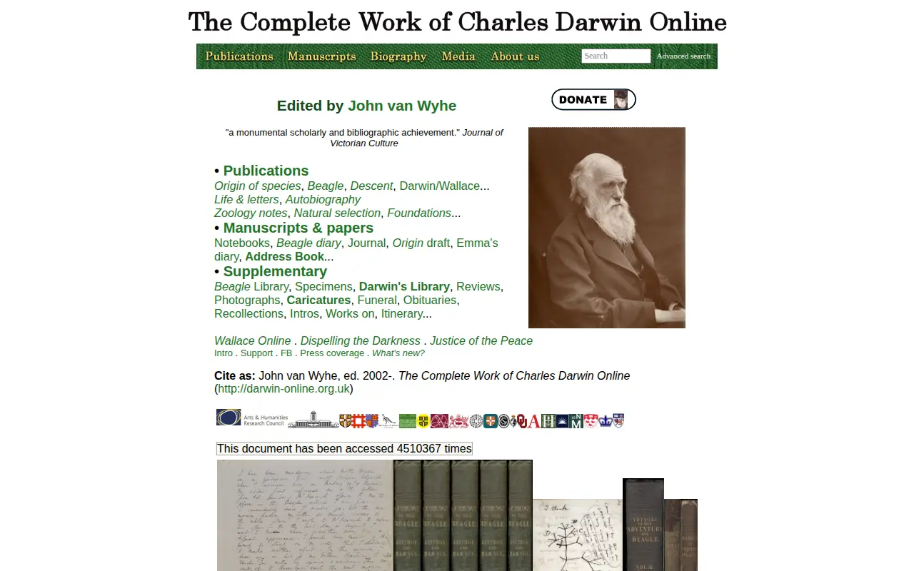 The Complete Works of Charles Darwin Online website preview