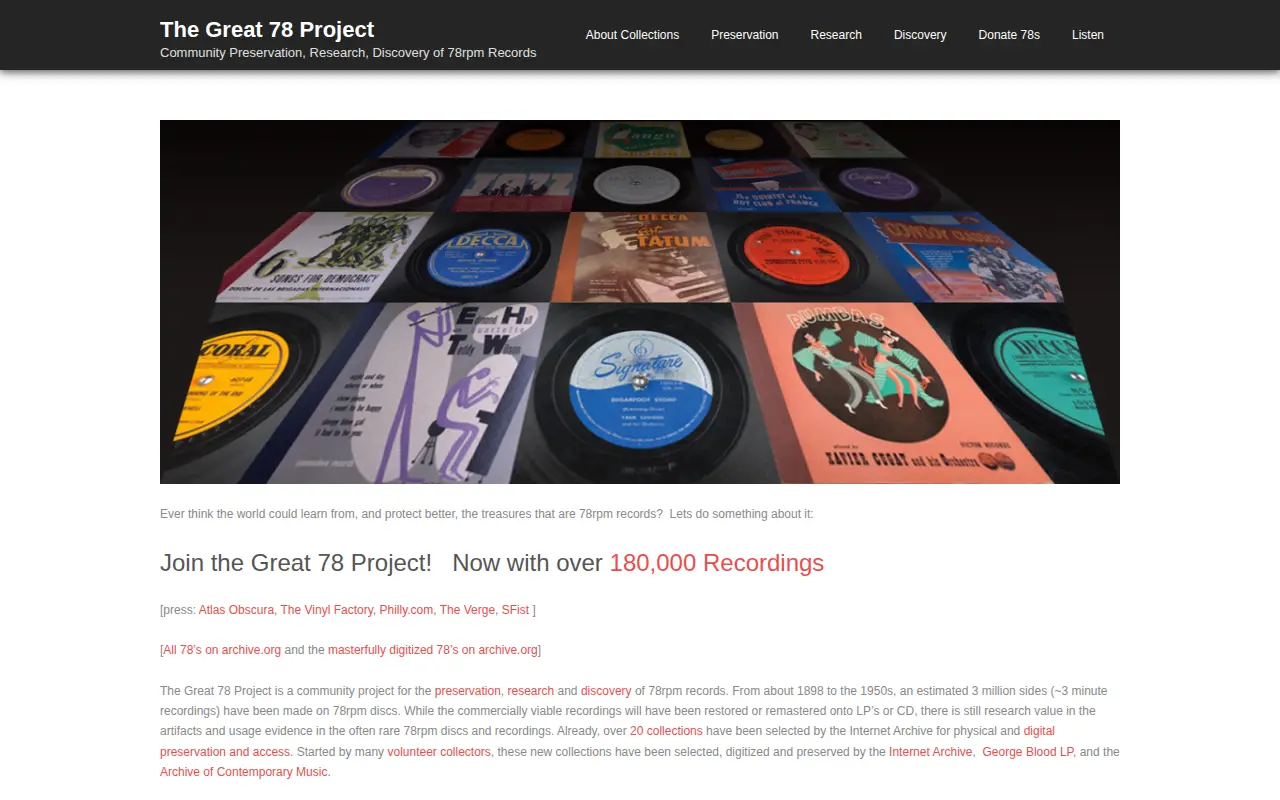 The Great 78 Project website preview