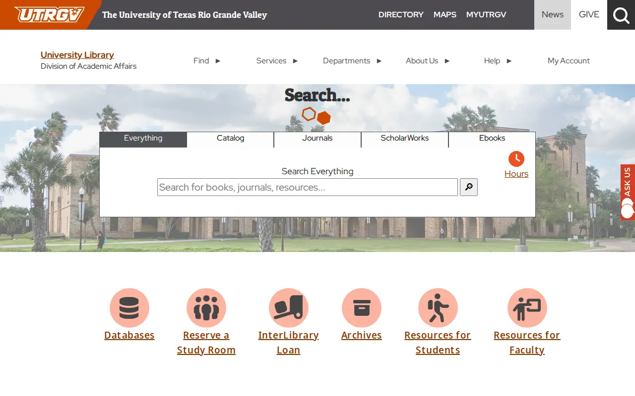 University of Texas Rio Grande Valley Library website preview