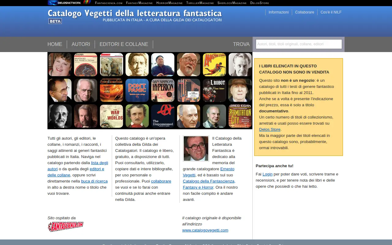 Vegetti Catalog of Fantastic Literature website preview