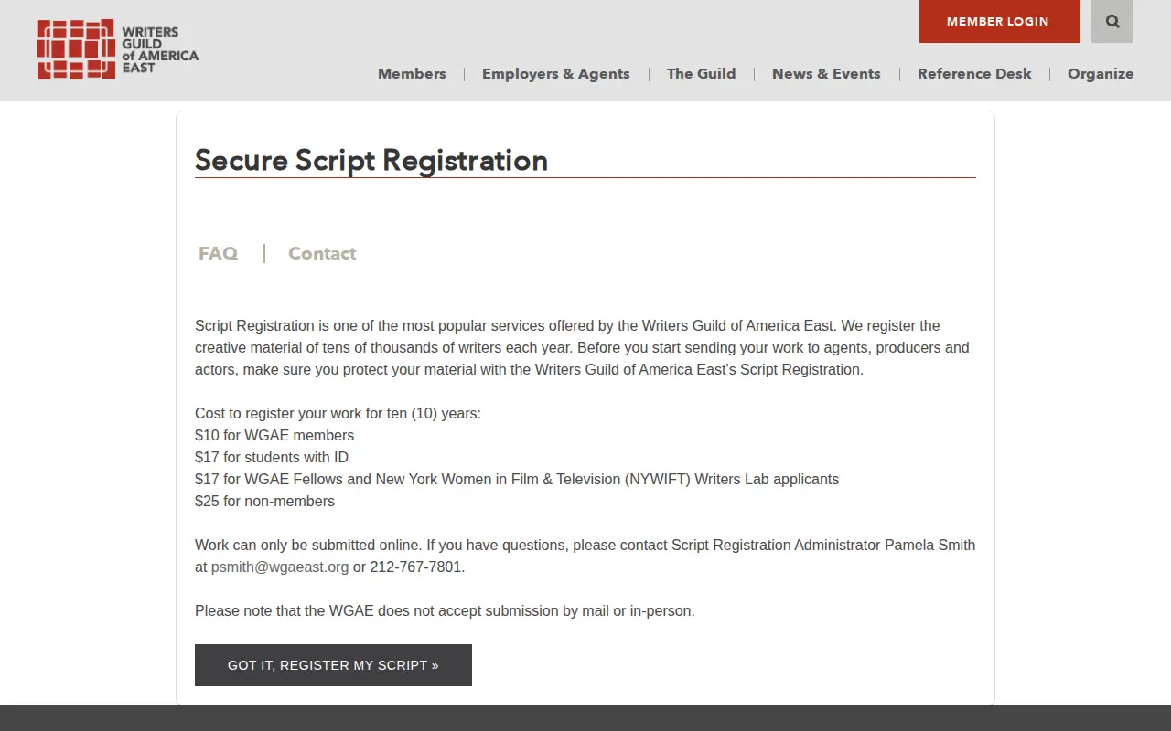 WGA script registration service website preview