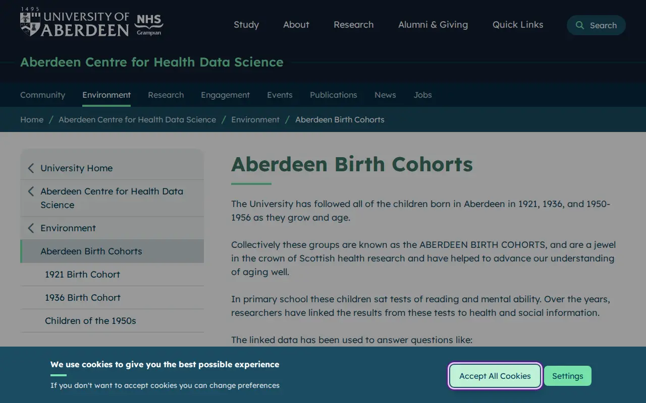Aberdeen Birth Cohorts website preview
