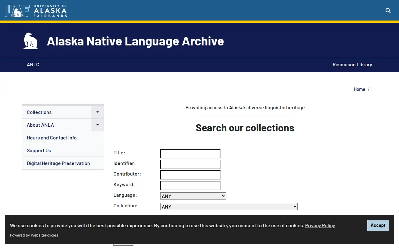 Alaska Native Language Archive website preview