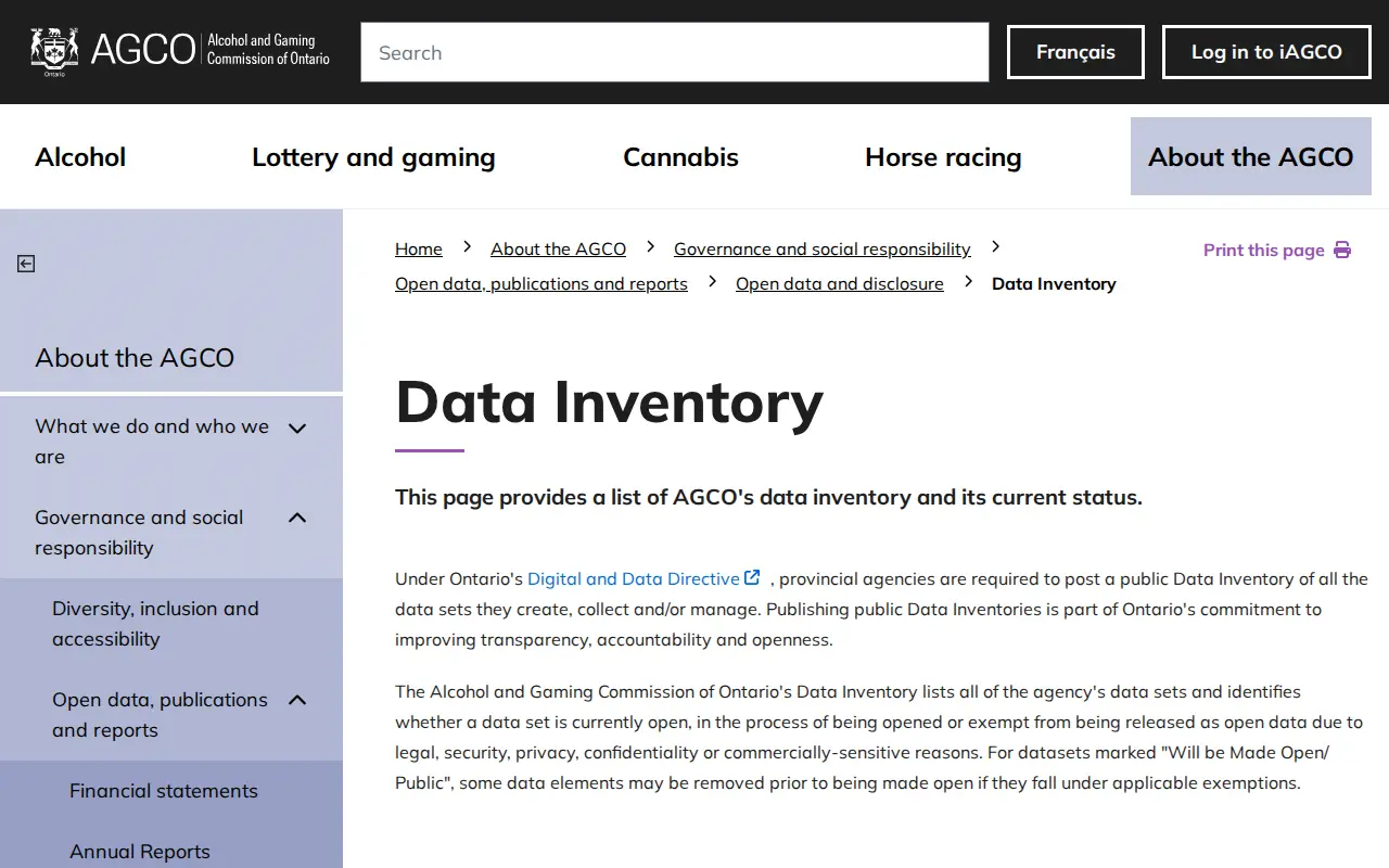 Alcohol and Gaming Commission of Ontario Data Inventory website preview
