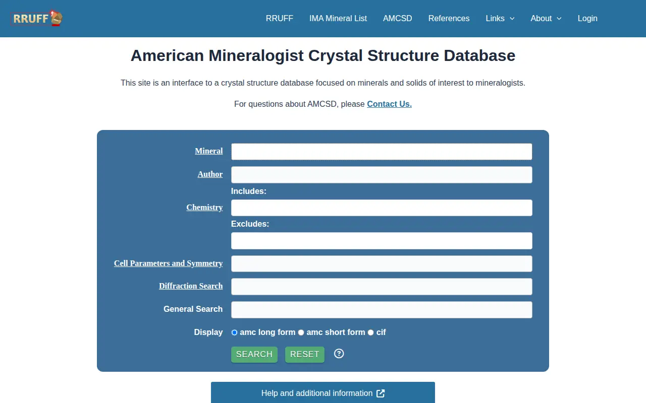 American Mineralogist Crystal Structure Database website preview