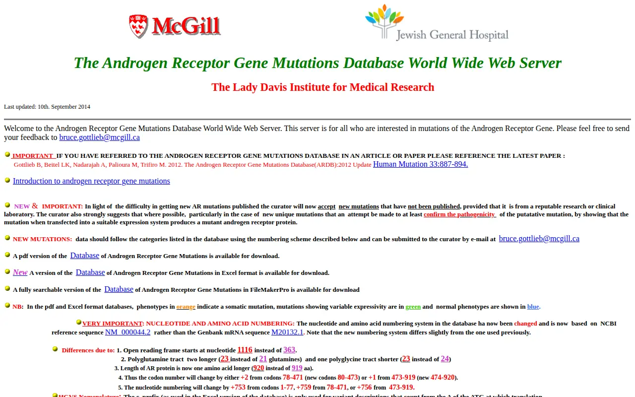 Androgen Receptor Mutations Database website preview