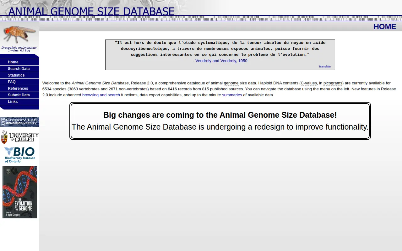 Animal Genome Size Database website preview