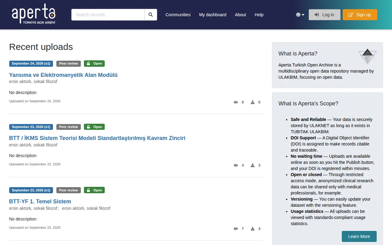 Aperta Turkey Open Archive website preview