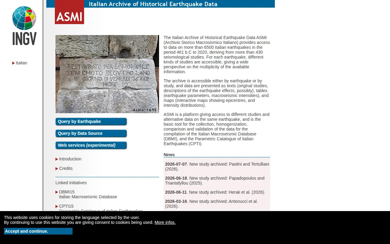 Archivio Storico Macrosismico Italiano website preview