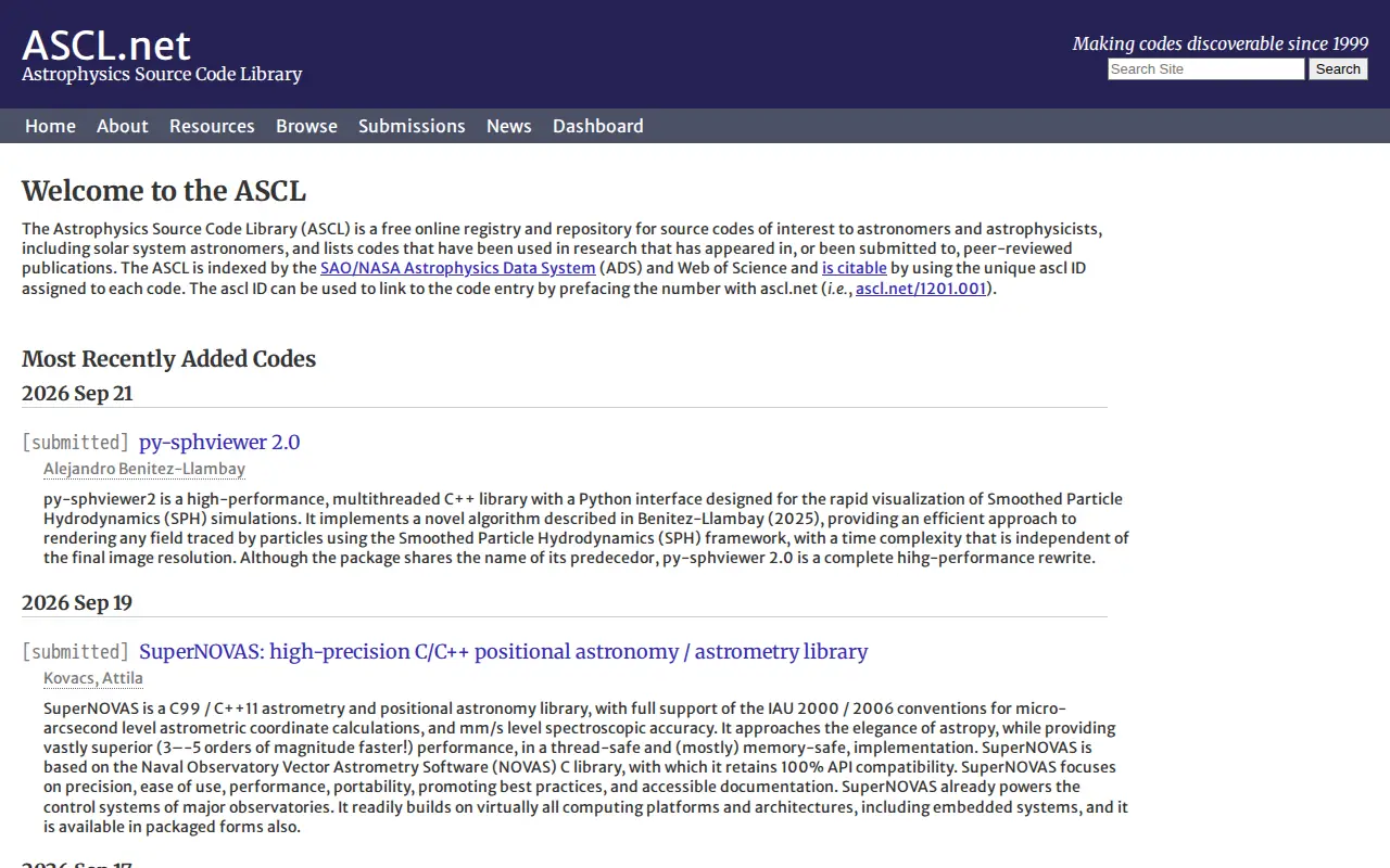Astrophysics Source Code Library website preview