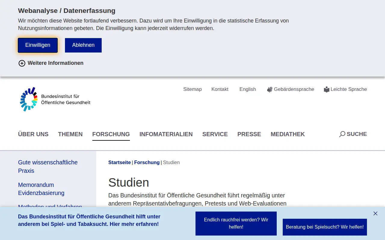 Bundeszentrale für Gesundheitliche Aufklärung Studien website preview