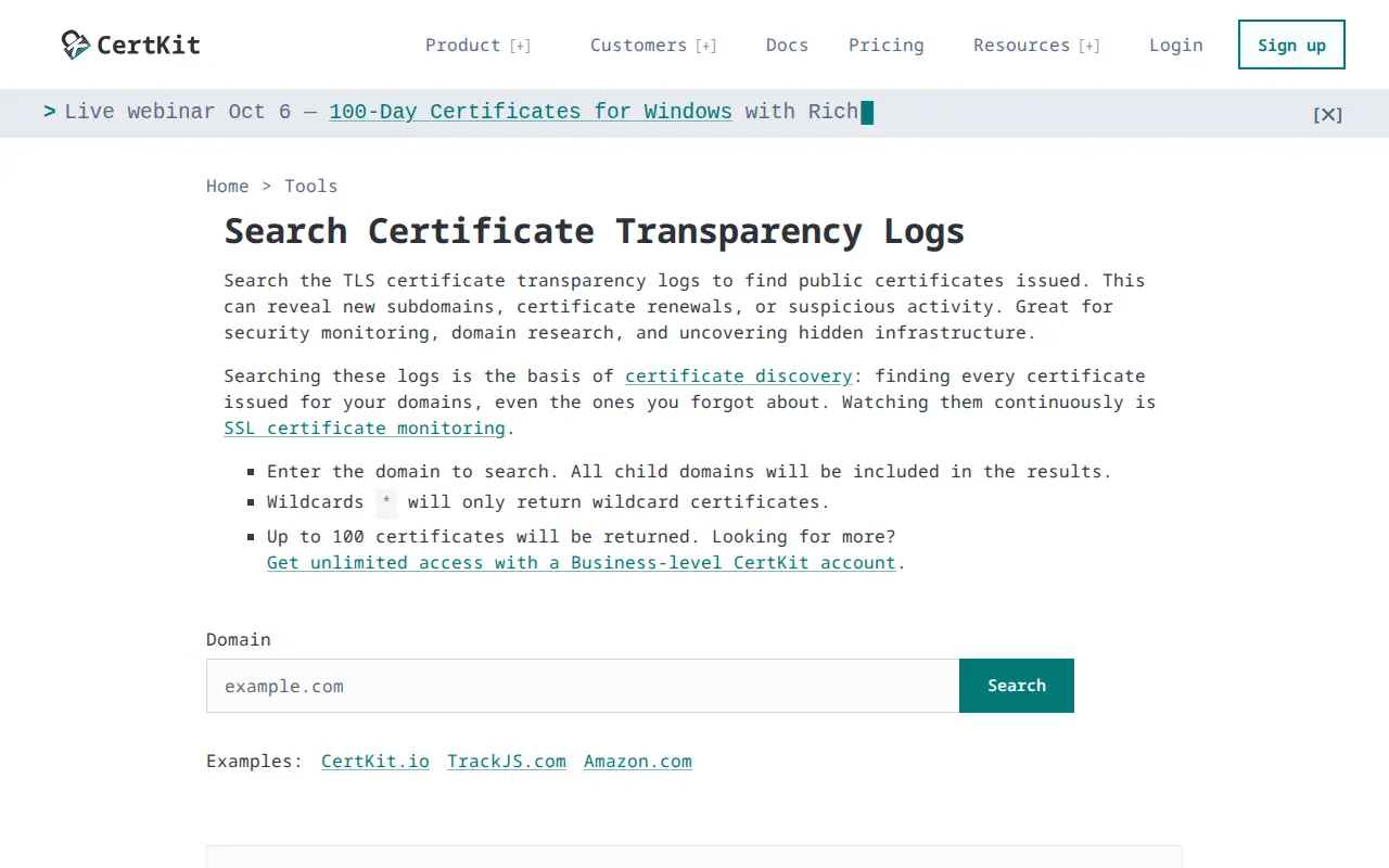 CertKit Certificate Search website preview