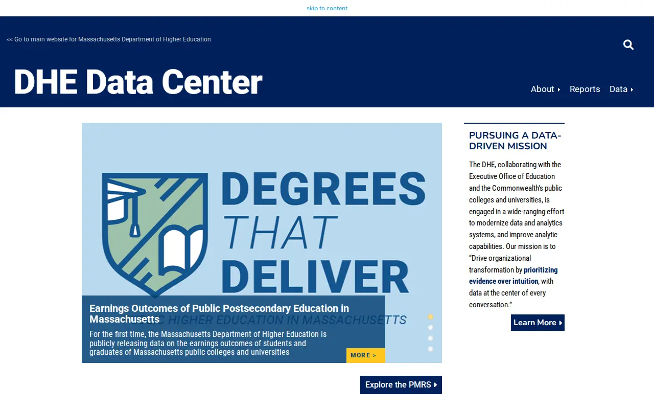 Massachusetts Department of Higher Education Data Center website preview