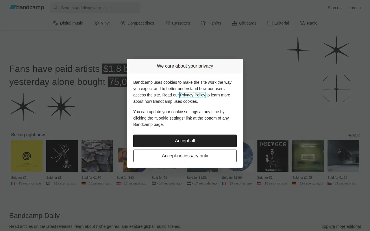 Bandcamp website preview