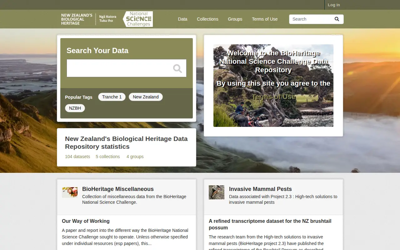 New Zealand's Biological Heritage National Science Challenge Data Repository website preview