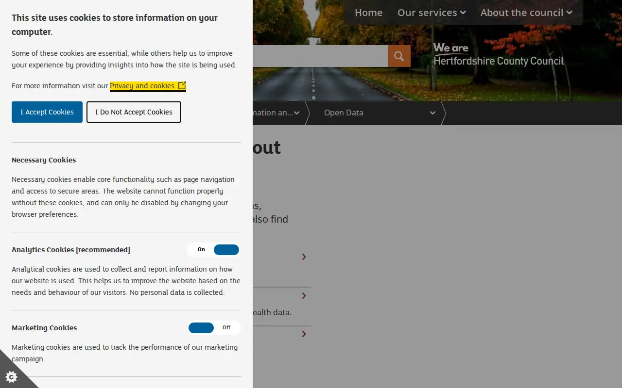 Open data portal of Hertfordshire County Council website preview