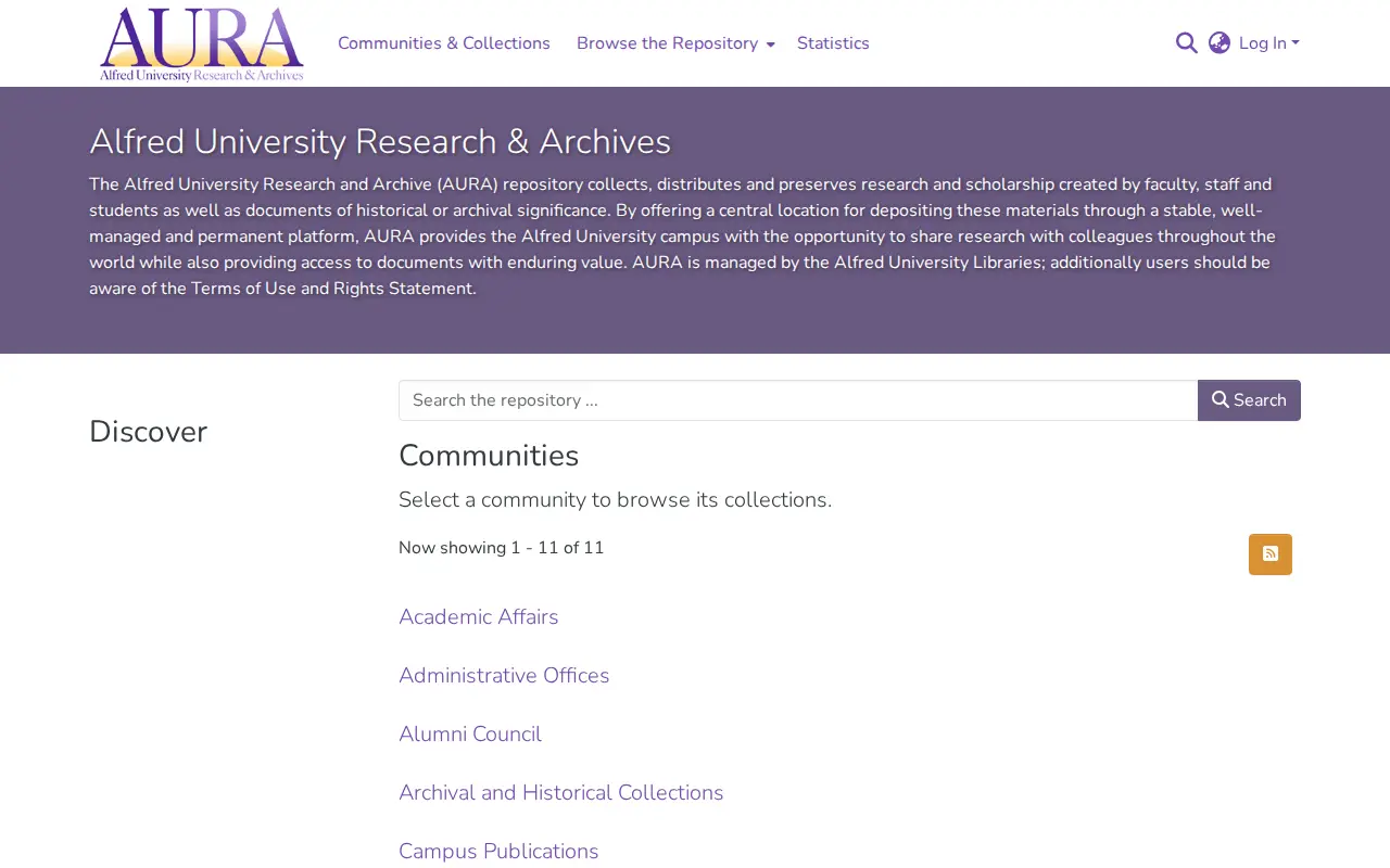 Alfred University Research and Archives website preview