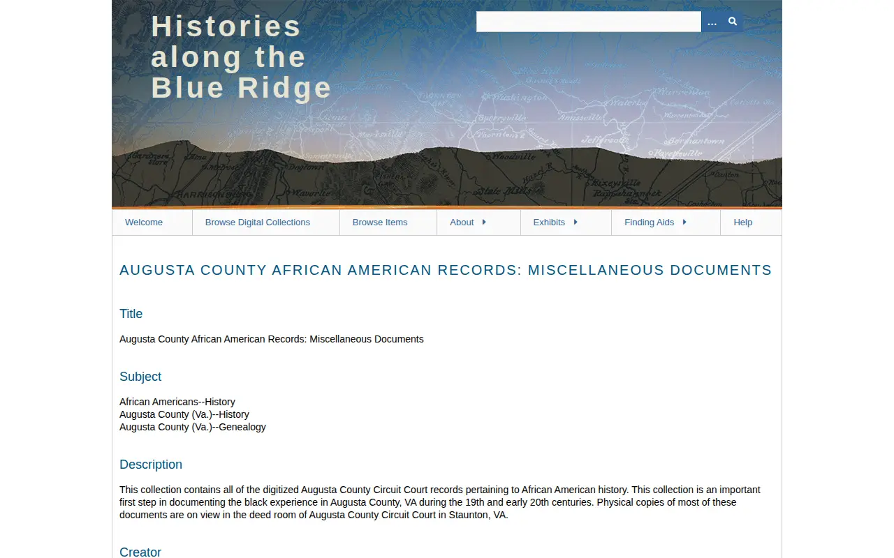 Augusta County African American Records: Miscellaneous Documents website preview