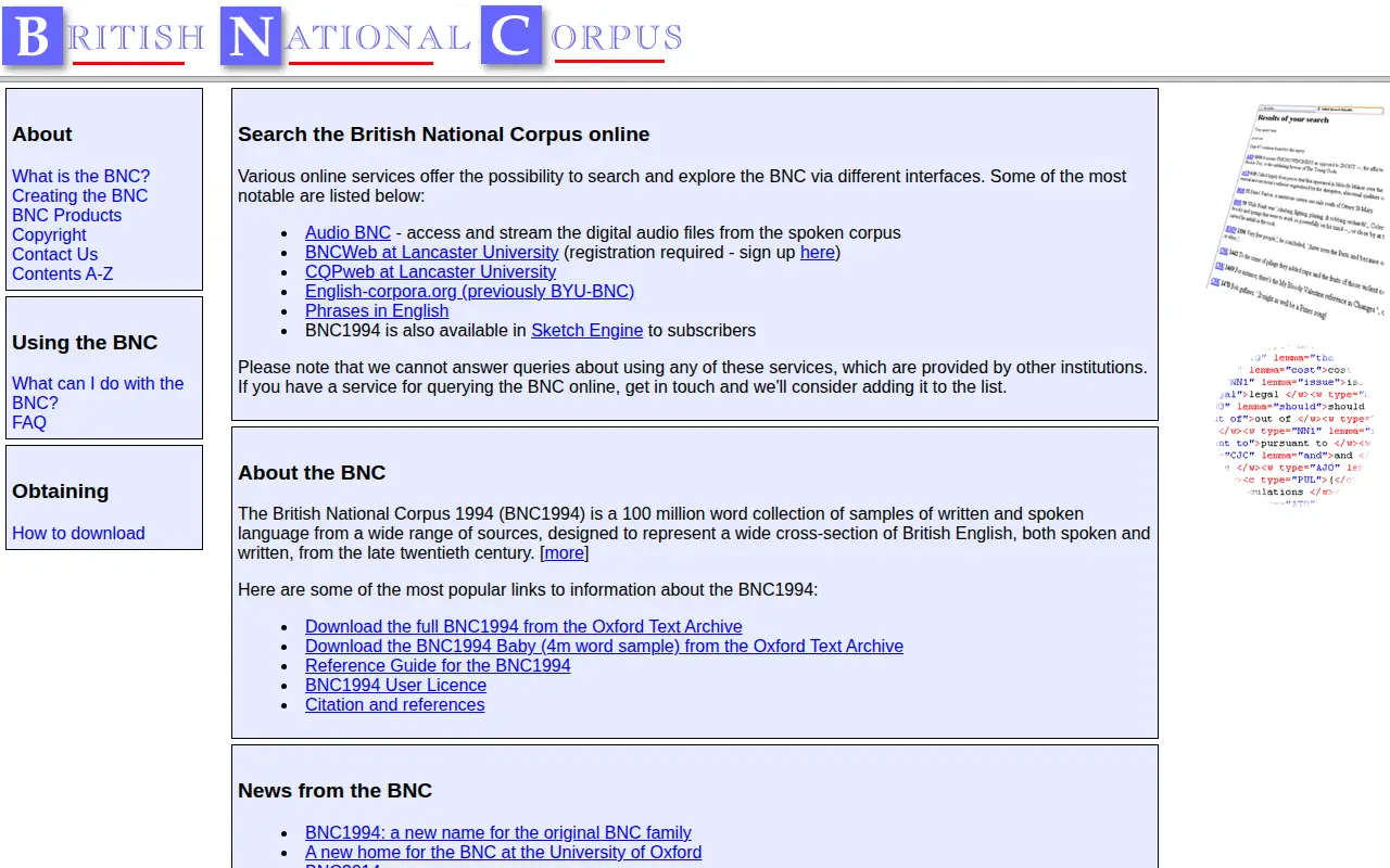 British National Corpus website preview