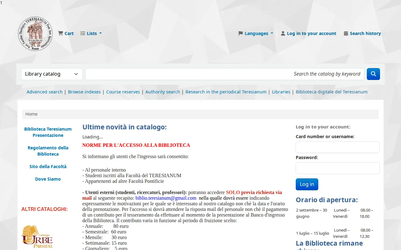 Catalogue of the Library of the Teresianum website preview