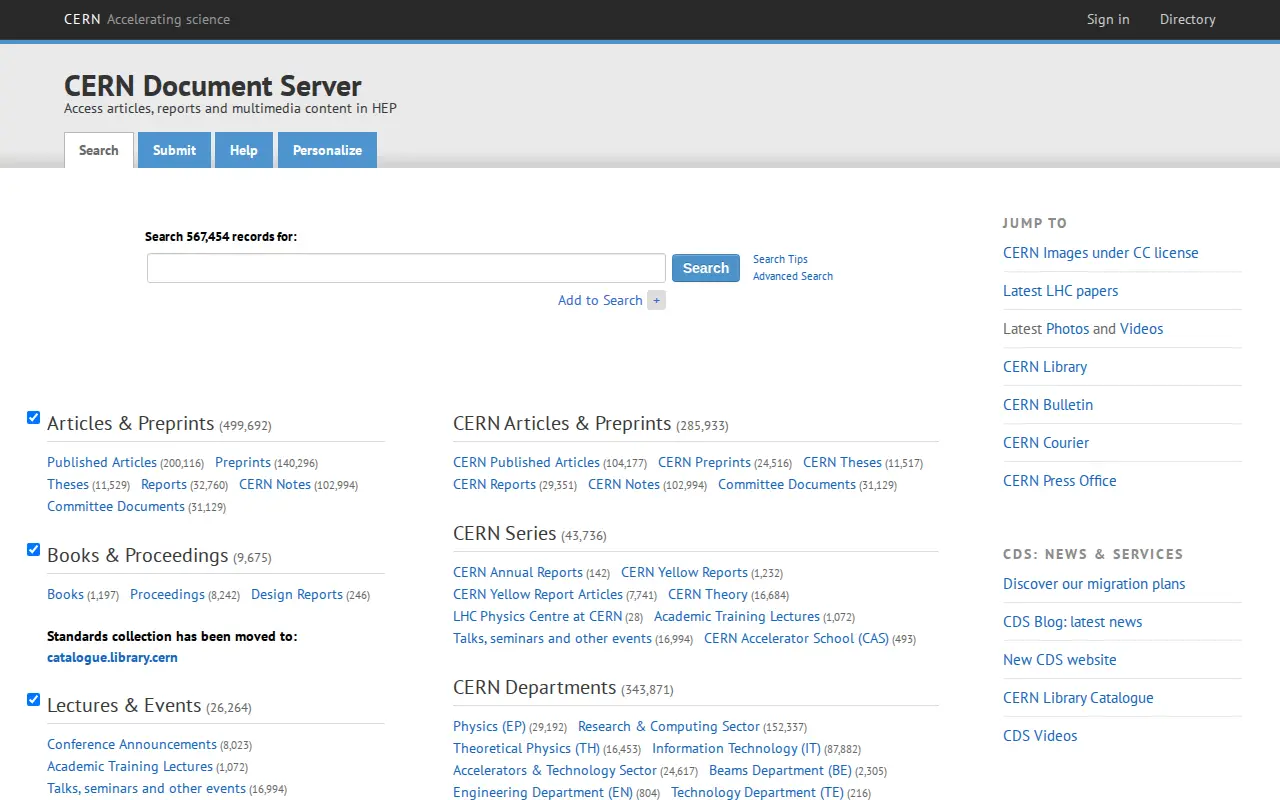 CERN Document Server website preview