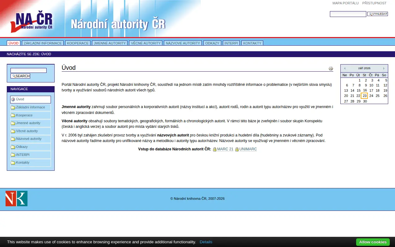 Czech National Authority Database website preview