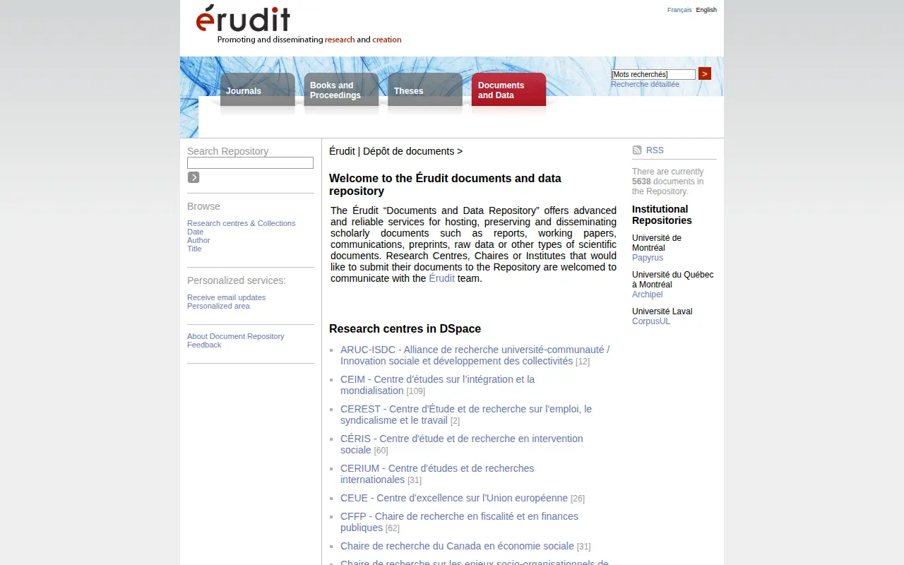 Dépôt de documents et de données de Érudit website preview