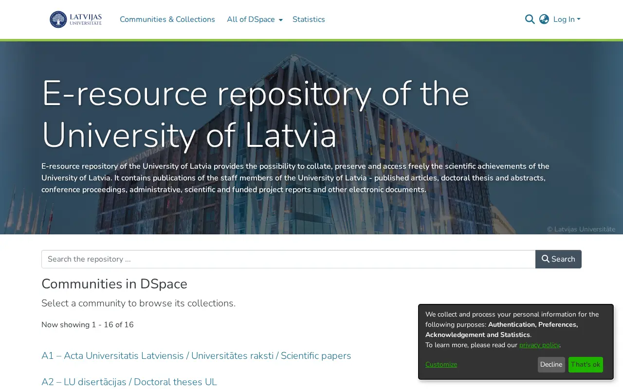 E-resource repository of the University of Latvia website preview