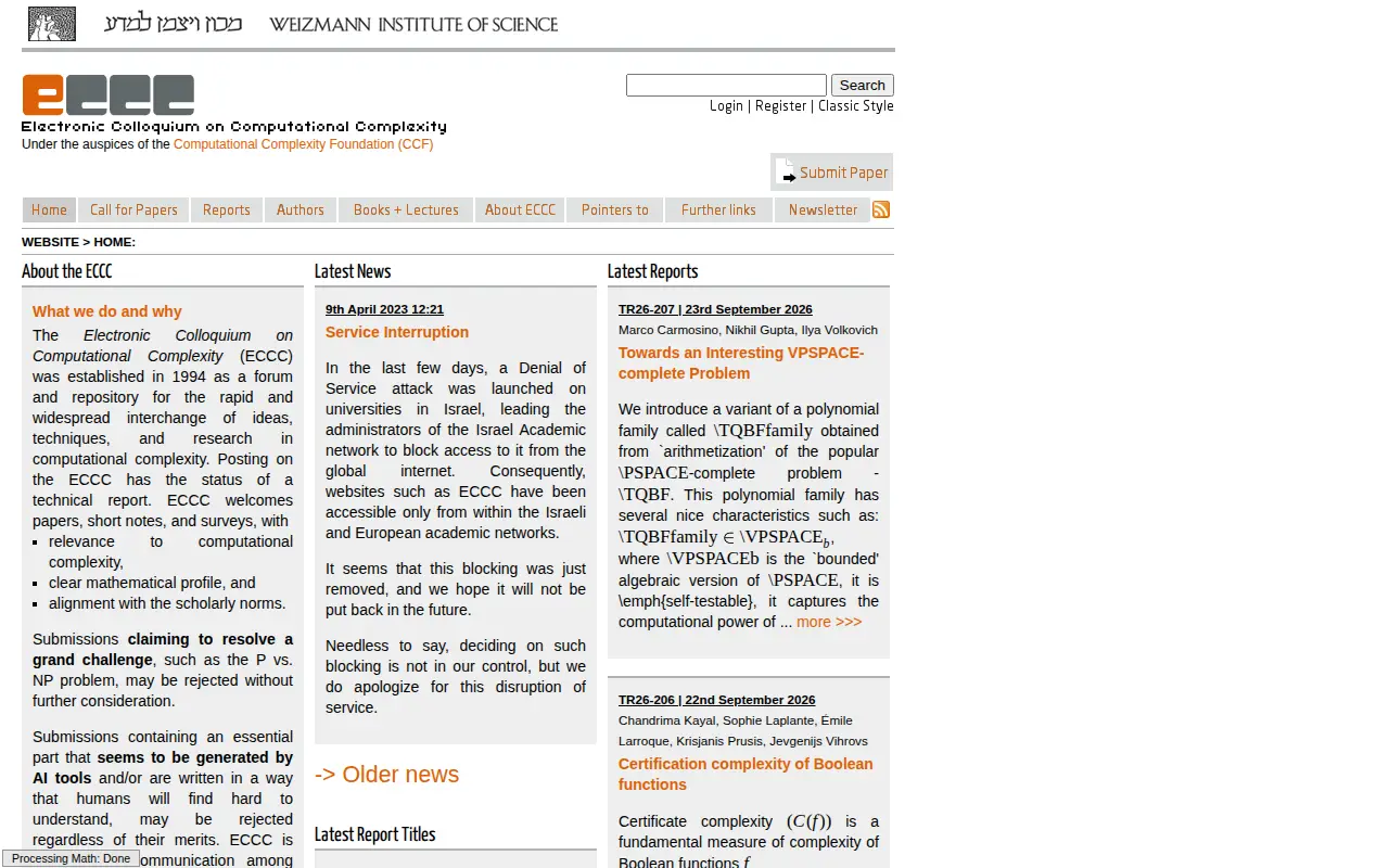 Electronic Colloquium on Computational Complexity website preview