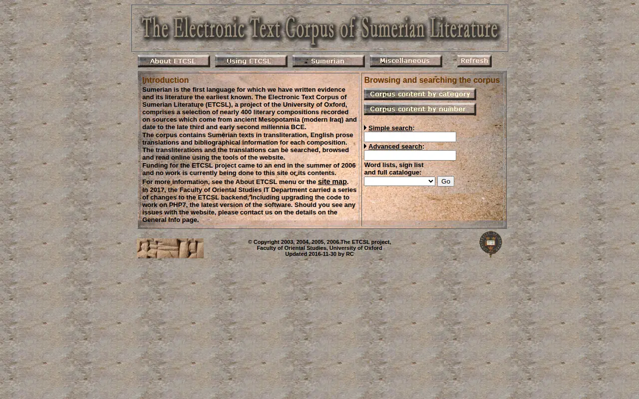 Electronic Text Corpus of Sumerian Literature website preview