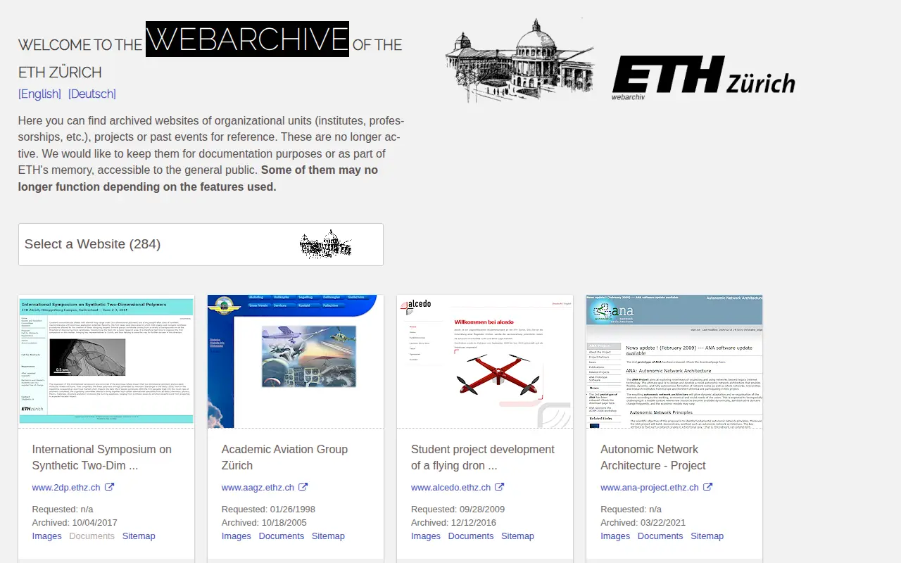 ETH Zürich Web Archive website preview